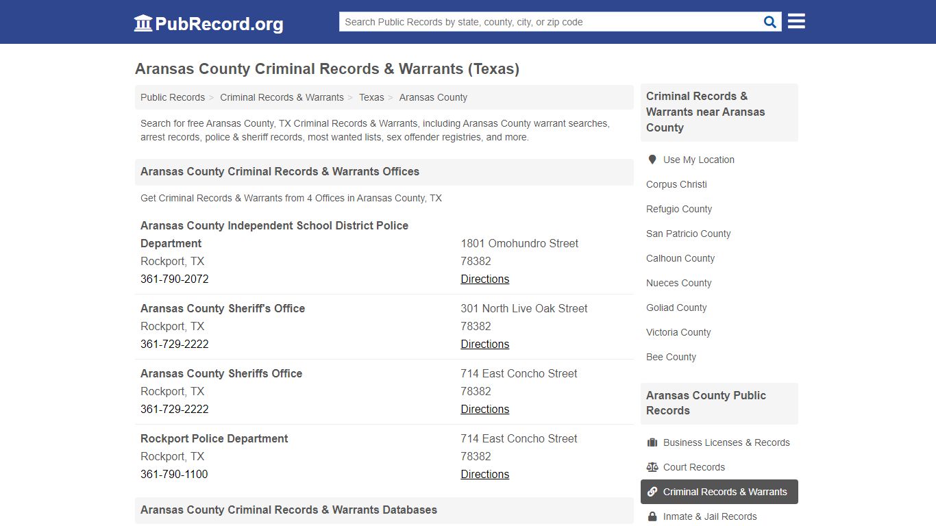 Aransas County Criminal Records & Warrants (Texas)